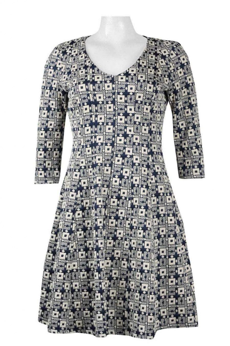 Taylor - 9209M V Neck Jacquard Quarter Length Sleeve Short Dress In Blue and White