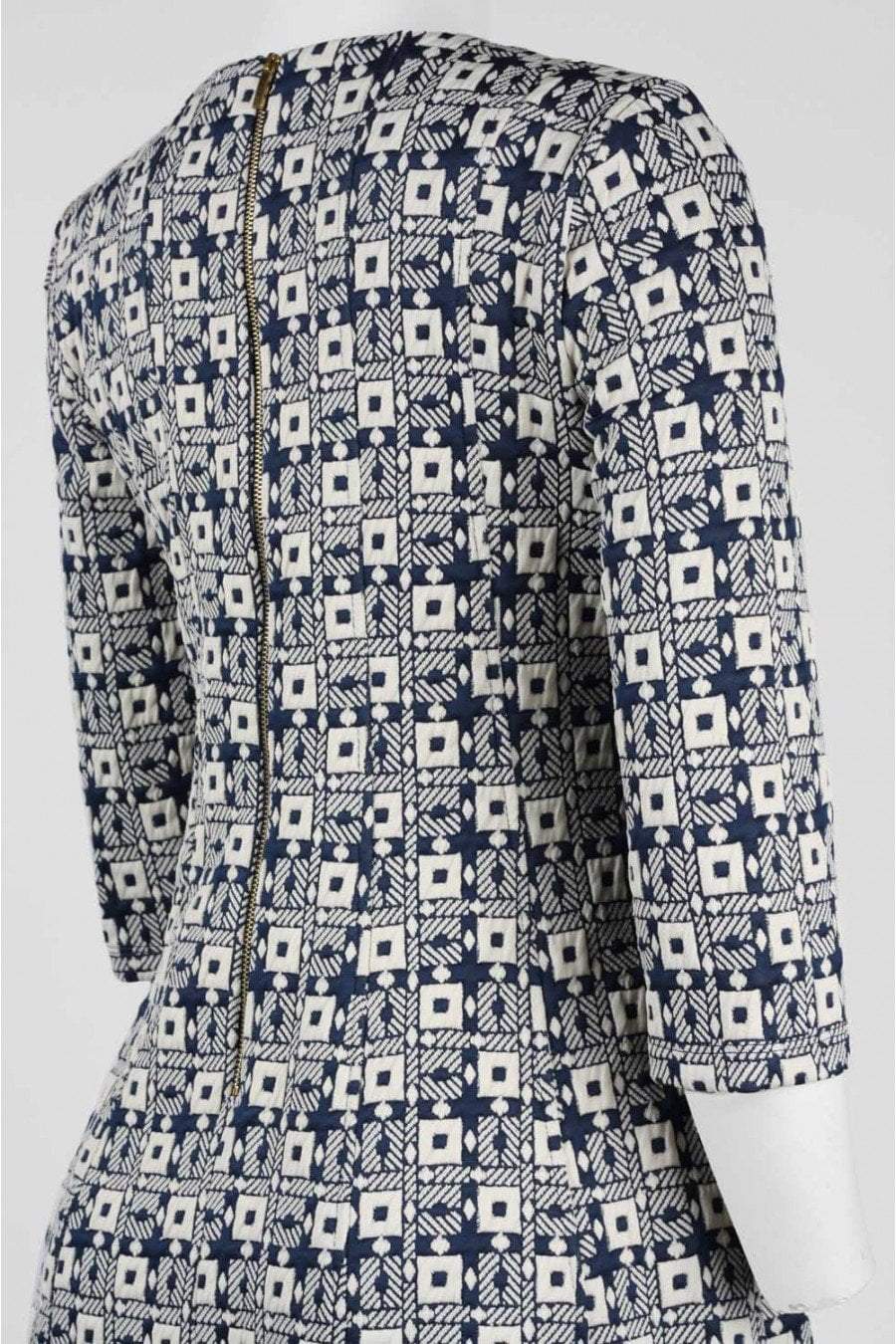Taylor - 9209M V Neck Jacquard Quarter Length Sleeve Short Dress In Blue and White