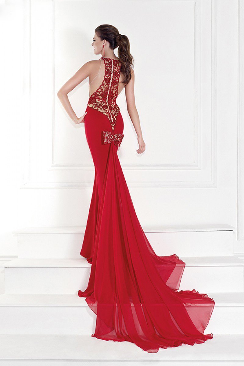 Tarik Ediz - Lace Halter Neck Gown 92528 in Red