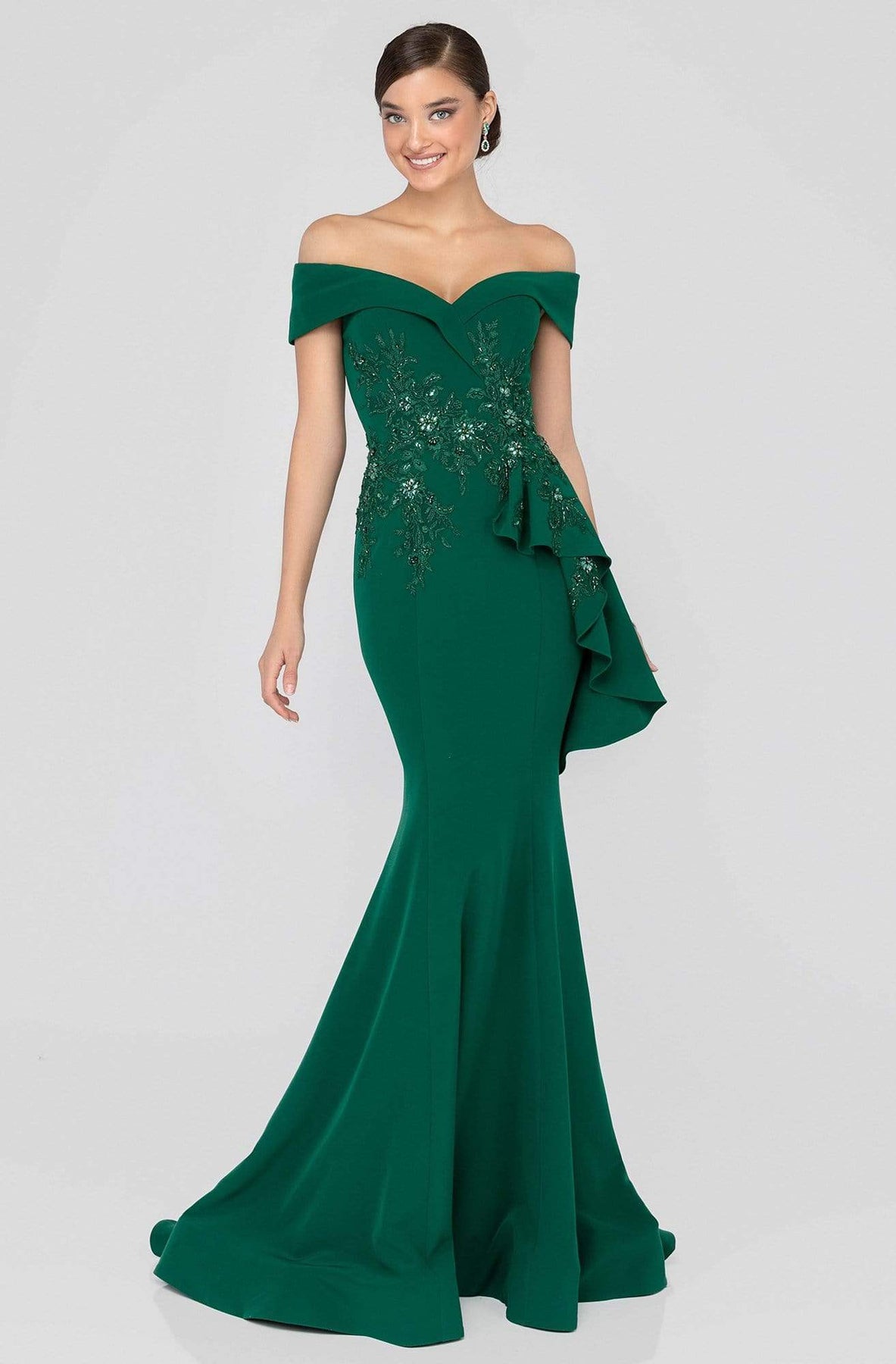 Terani Couture - 1911M9339 Off Shoulder Side Drape Peplum Mermaid Gown Special Occasion Dress