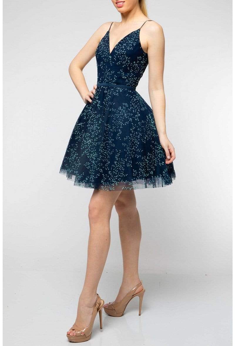 Terani Couture - V-Neck Embellished Cocktail Dress 1912P8083 In Blue