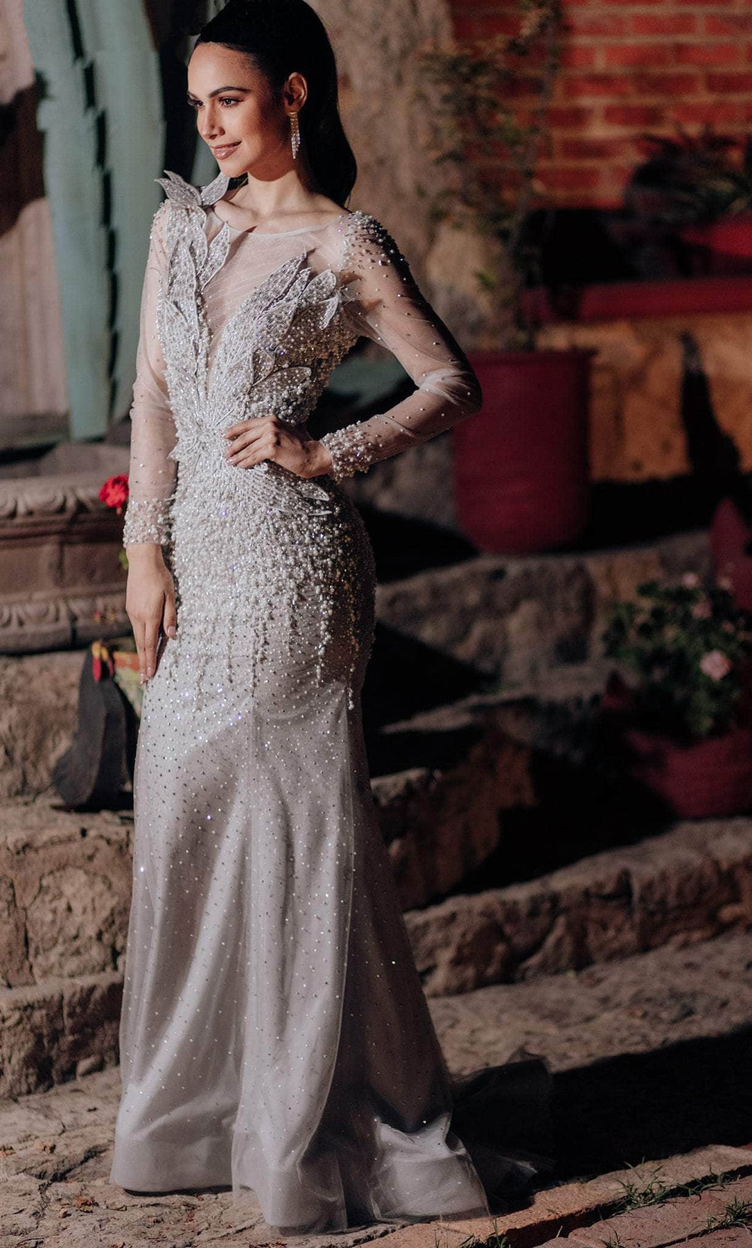 Terani Couture 232GL1454 - Sheer Beaded Long Sleeve Evening Dress Special Occasion Dress 00 / Silver Pearl