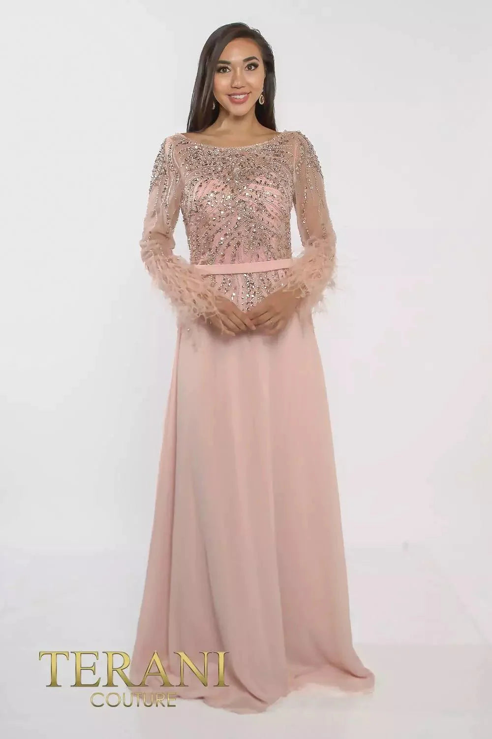 Terani Couture 241M2718 - Long Sleeve Feather Embellished Dress Special Occasion Dress
