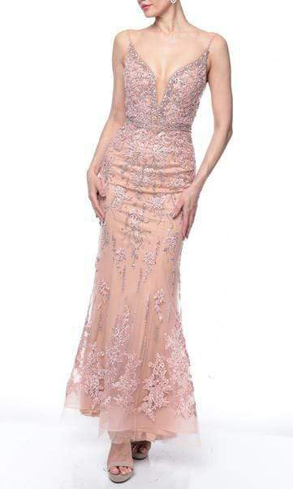 Terani Couture - 1922GL0681SC Sleeveless V Neck Beaded Full Dress In Pink