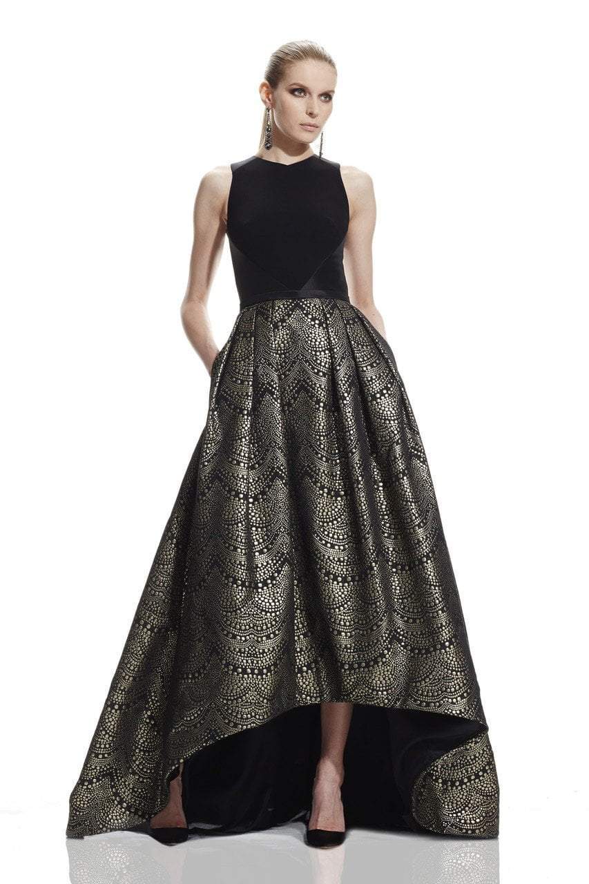 Theia - 882517 Sleeveless Cut Away Hi-Lo Pleat Evening Dress Special Occasion Dress 16 / Black Gold