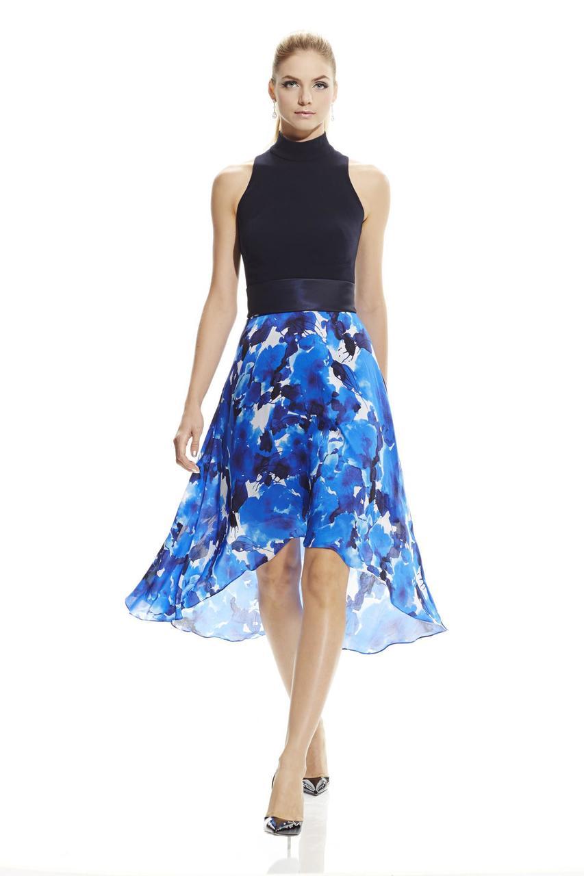 Theia - 882825 Cutaway High Neck Crepe bodice with flowy printed Special Occasion Dress 2 / Royal