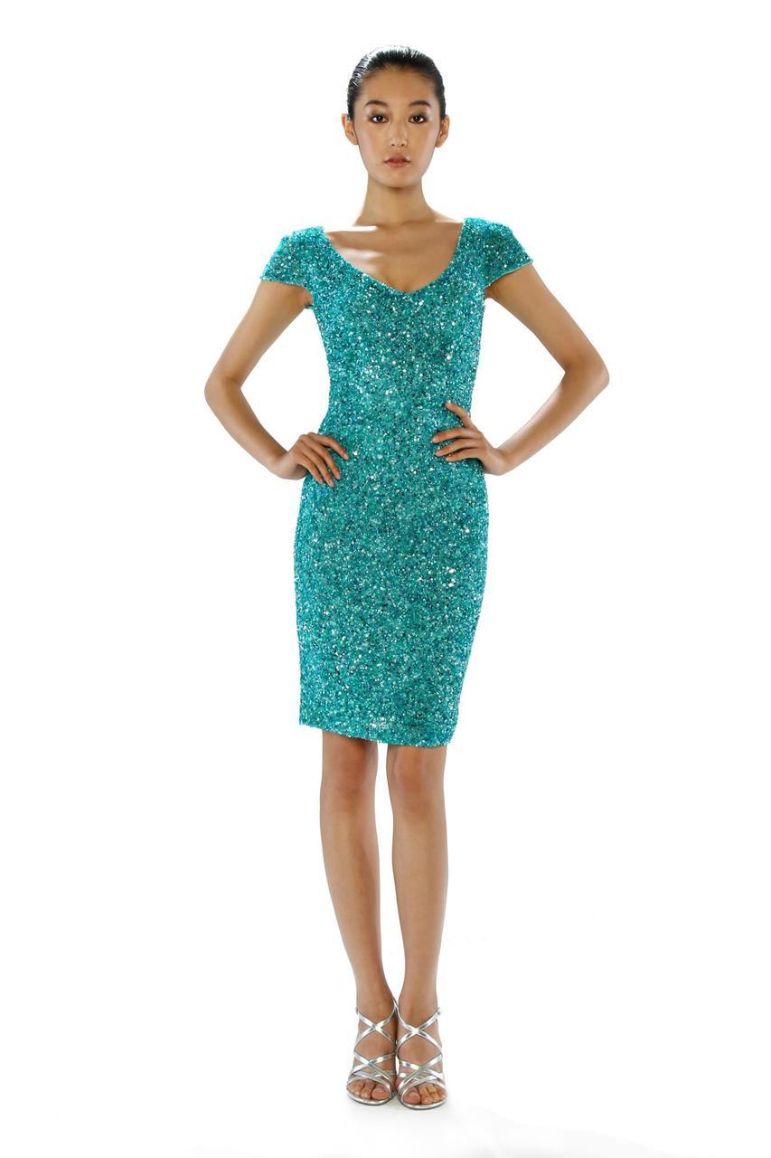 Theia 882396 - Knee-Length Column Dress - Short Sleeve, Zipper Back,  Bodycon, Sequin Dress  ADASA