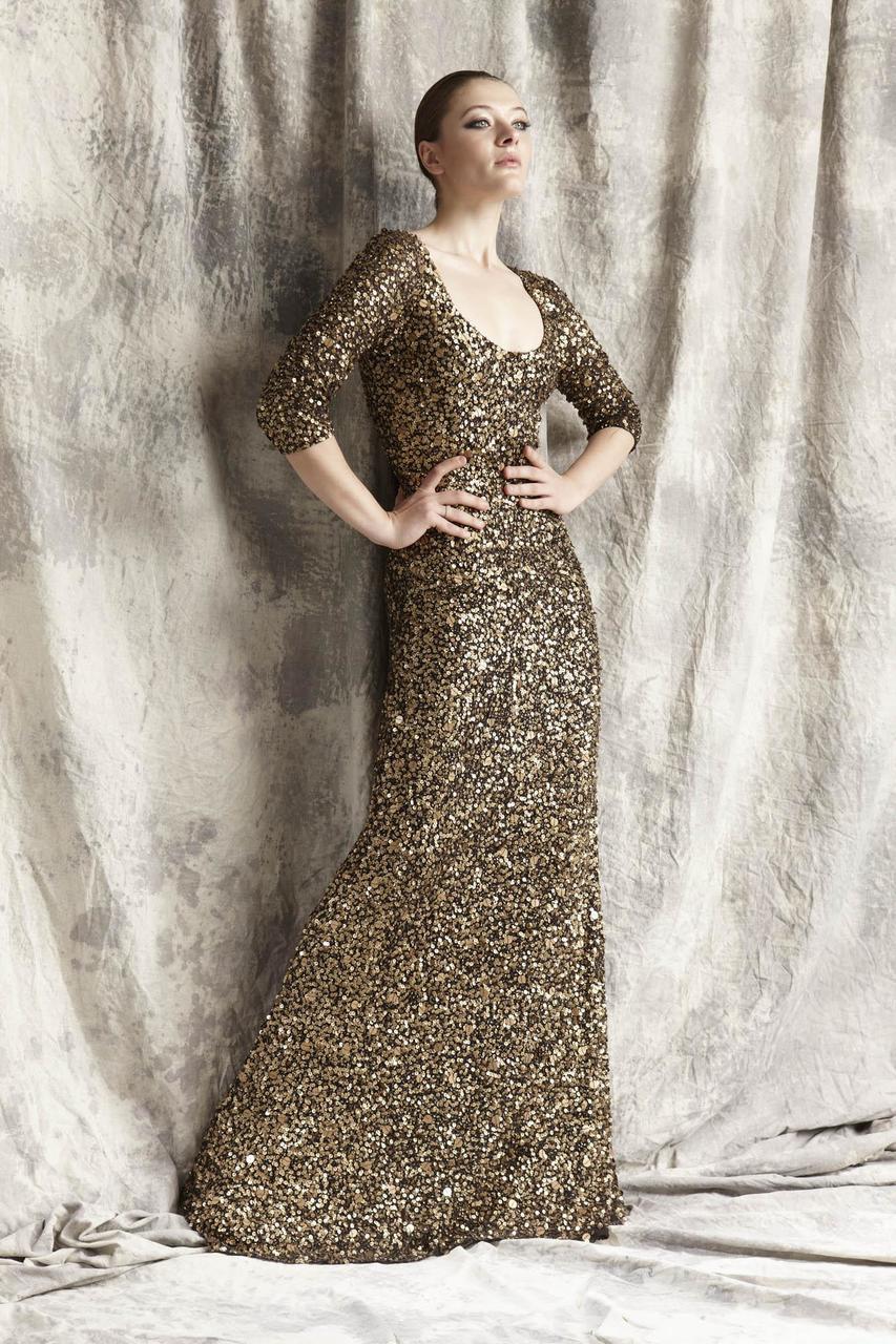 Theia 881404 - Long Sequin Sheath Dress - Quarter Length Sleeve, V-Shaped Back, Ankle Length ADASA Theia 881404 - Long Sequin Sheath Dress - Quarter Length Sleeve, V-Shaped Back, Ankle Length ADASA