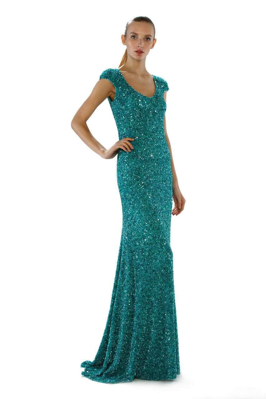 Theia 882361 - Long Sequined Sheath Dress - Cap Sleeve, Back Zip Closure ADASA Theia 882361 - Long Sequined Sheath Dress - Cap Sleeve, Back Zip Closure ADASA