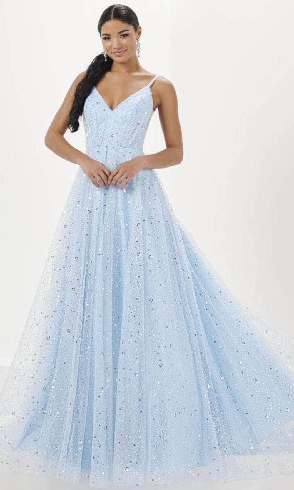 Tiffany Designs 16066 - Long Airy Embellished Tulle A-Line Dress - Spaghetti Strap, Sleeveless, Sequin, Glitters, Pockets, Illusion Sides, Corset V-Back, Sweep Train ADASA Tiffany Designs 16066 - Long Airy Embellished Tulle A-Line Dress - Spaghetti Strap, Sleeveless, Sequin, Glitters, Pockets, Illusion Sides, Corset V-Back, Sweep Train ADASA