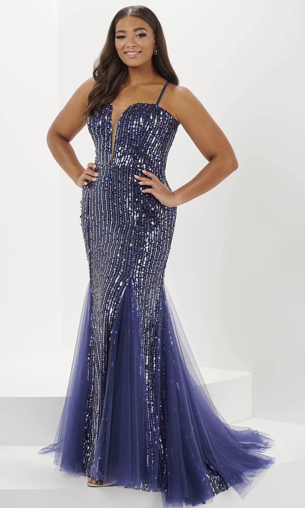 Tiffany Designs 16131 - Long Luxe Linear Sequin/Tulle Mermaid Dress - Spaghetti Straps, Illusion Inset, Linear Sequin, Sheer Corset Midrise Back, Godets Accent, Sweep Train ADASA Tiffany Designs 16131 - Long Luxe Linear Sequin/Tulle Mermaid Dress - Spaghetti Straps, Illusion Inset, Linear Sequin, Sheer Corset Midrise Back, Godets Accent, Sweep Train ADASA