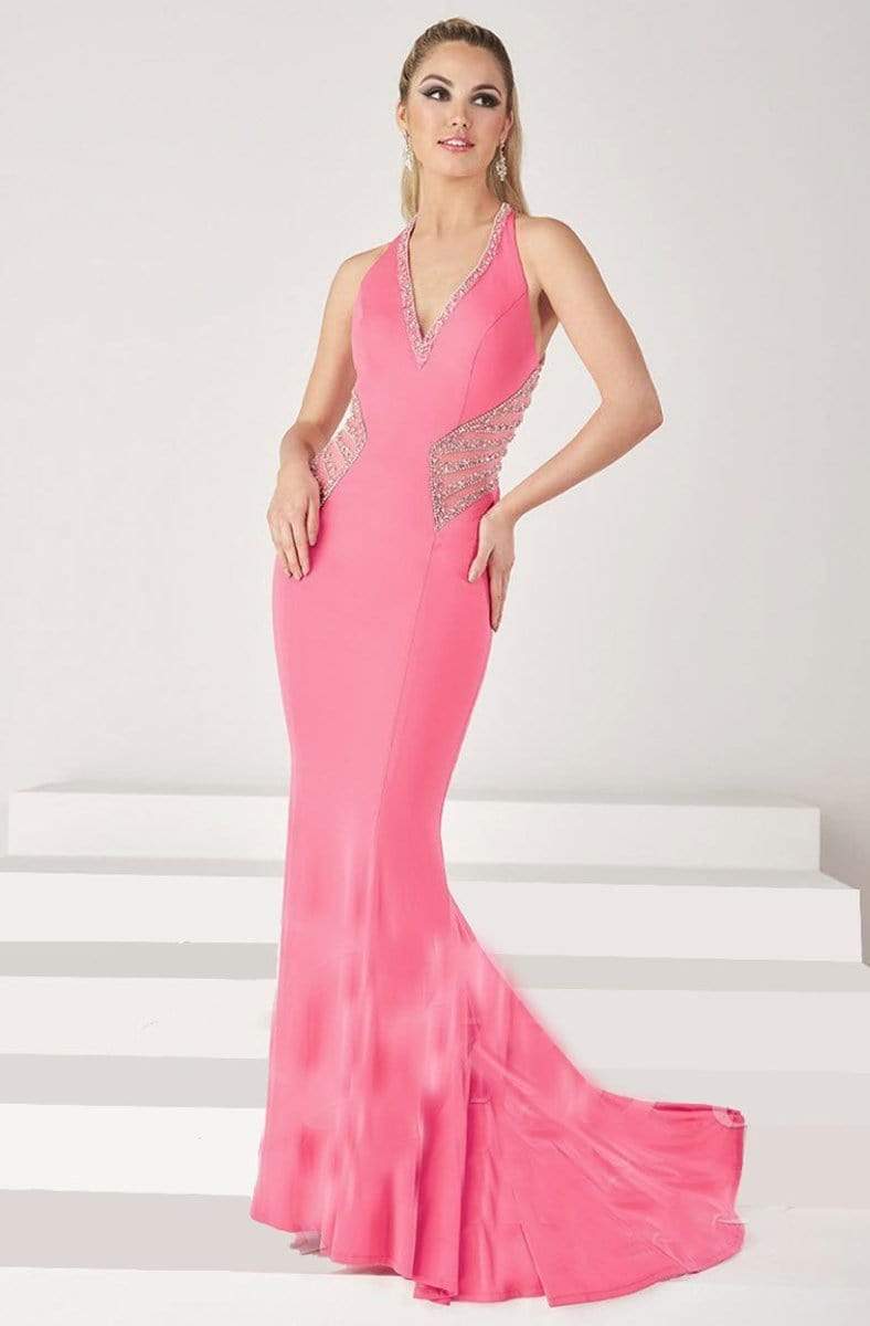 Tiffany Designs - 16198 Glamorous Beaded V-Neck Jersey Dress Special Occasion Dress 0 / Bright Pink