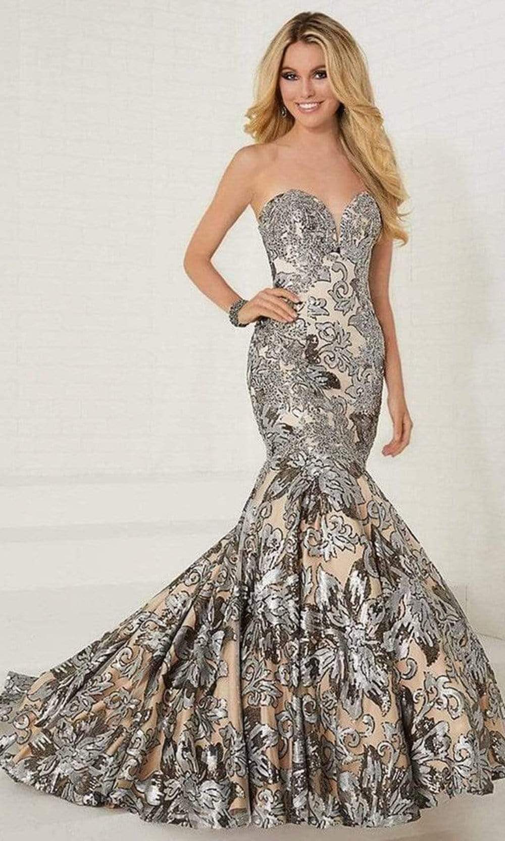 Tiffany Designs - 16163 Embellished Faille Floral Print Mermaid Long Evening Gown