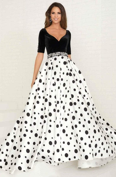 Tiffany Designs - 16287 Beaded Velvet/Mikado A-line Dress Special Occasion Dress 0 / Black/Polka Dots