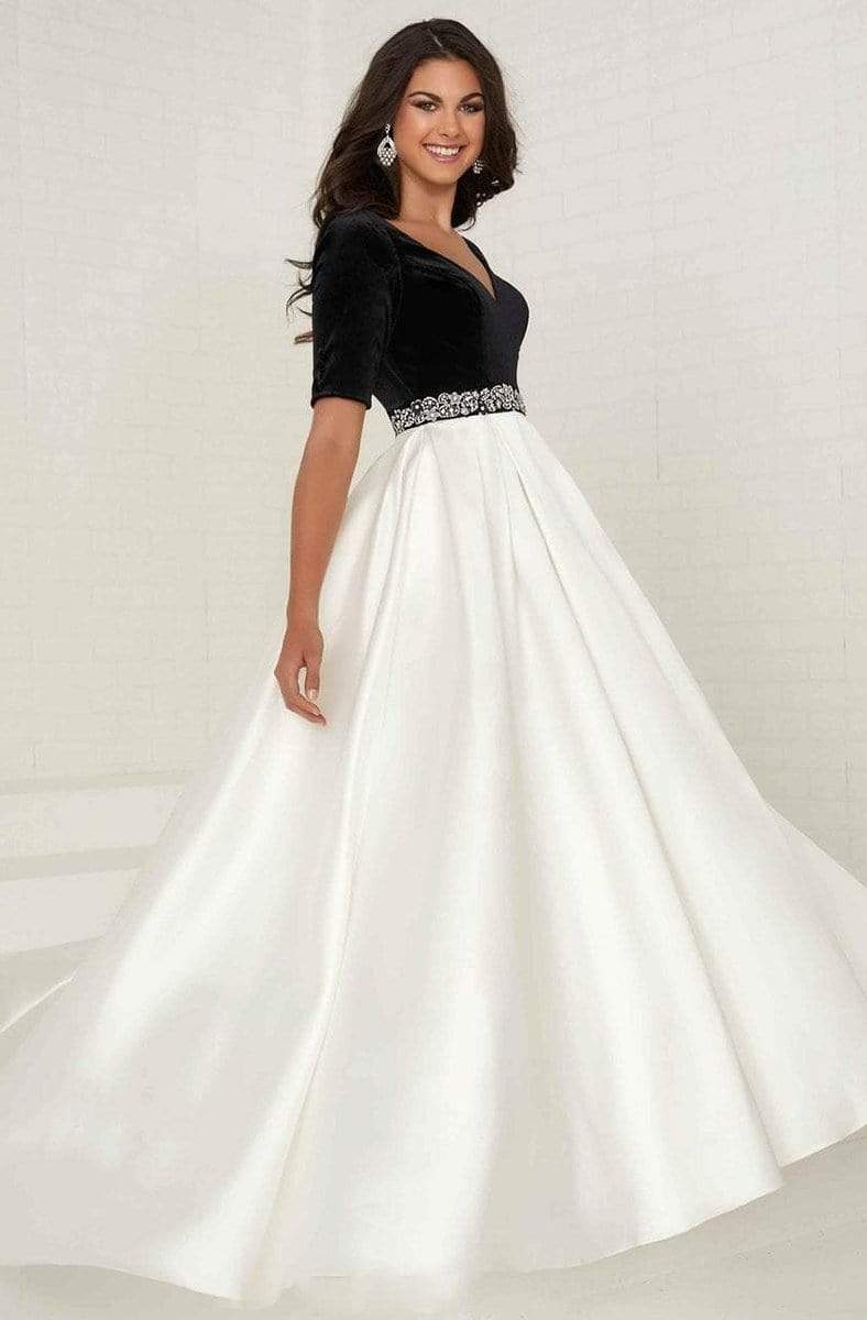 Tiffany Designs - 16287 Beaded Velvet/Mikado A-line Dress Special Occasion Dress 0 / Black/White