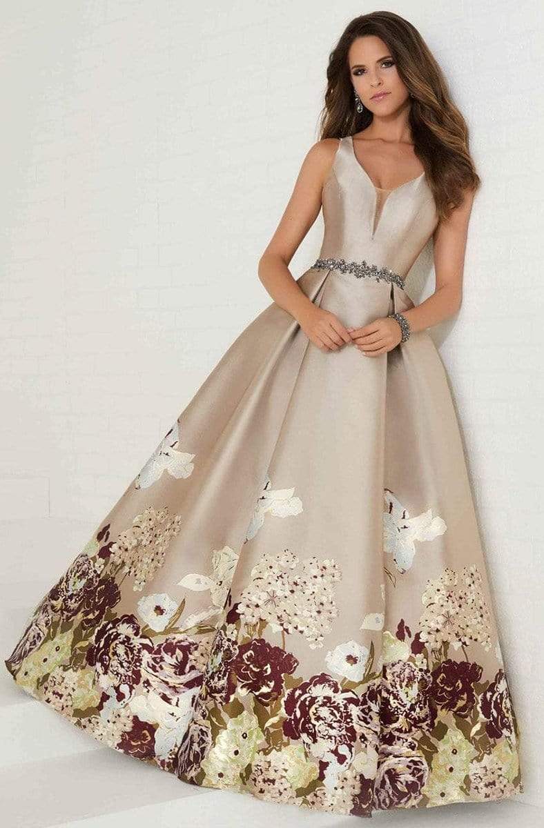 Tiffany Designs - 16291 Deep V-neck Floral Print A-line Gown Special Occasion Dress 0 / Latte Multi