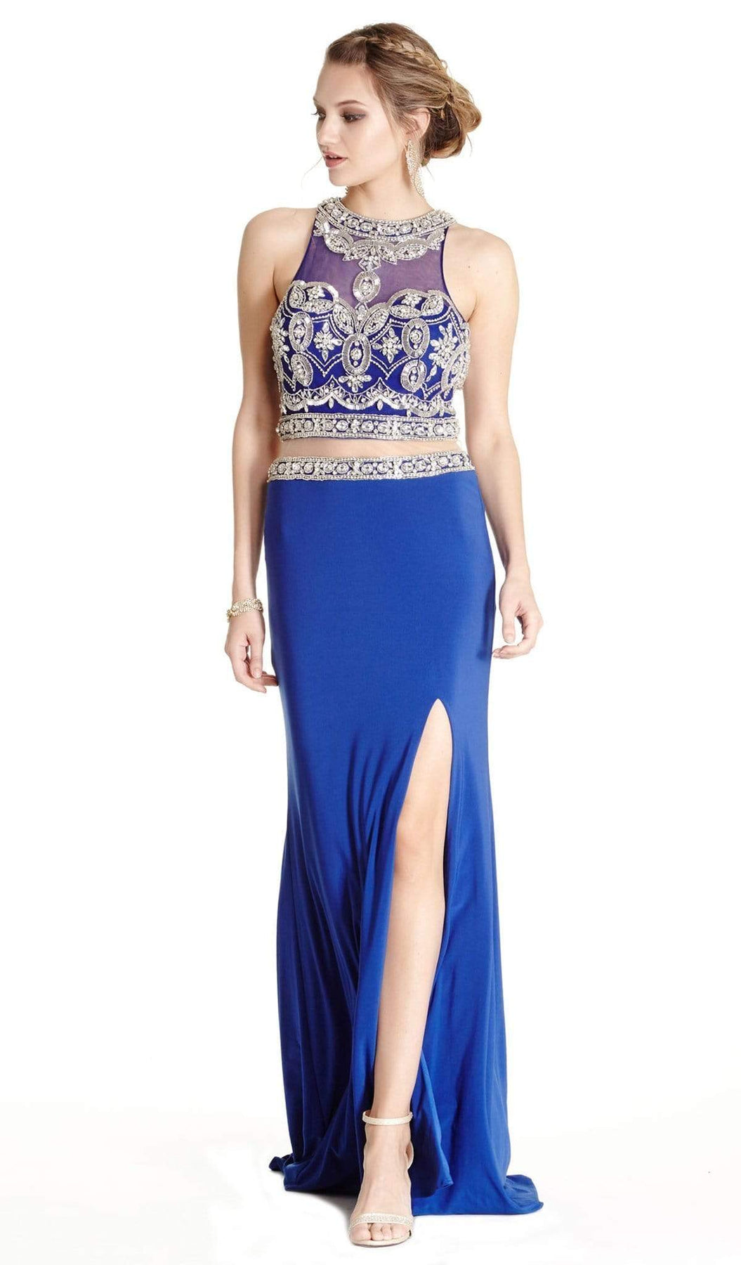 Two Piece Embellished Halter Sheath Prom Dress Prom Dresses XXS / Royal