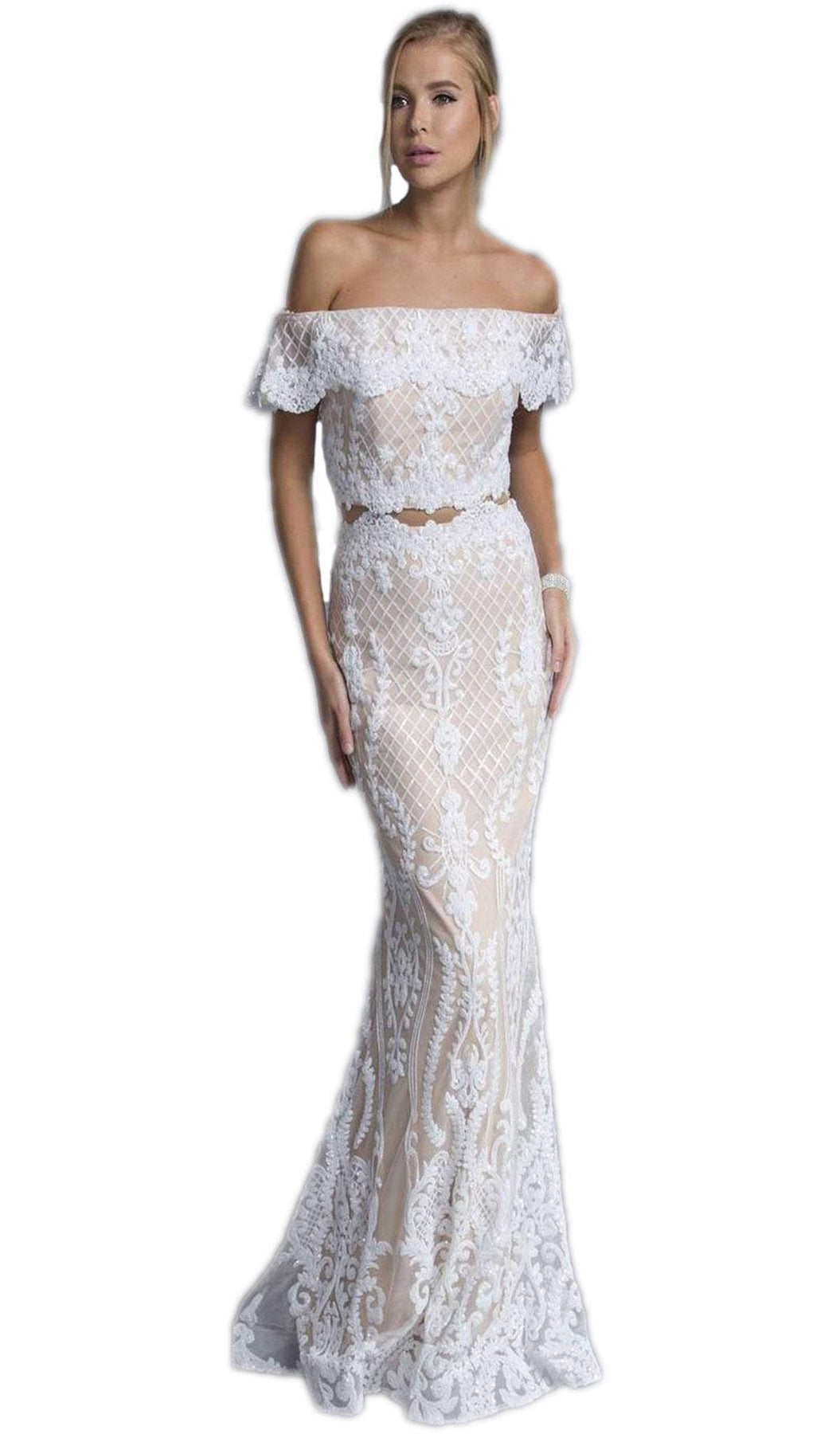 Two Piece Embroided Sheath Prom Dress Prom Dresses XXS / Off White