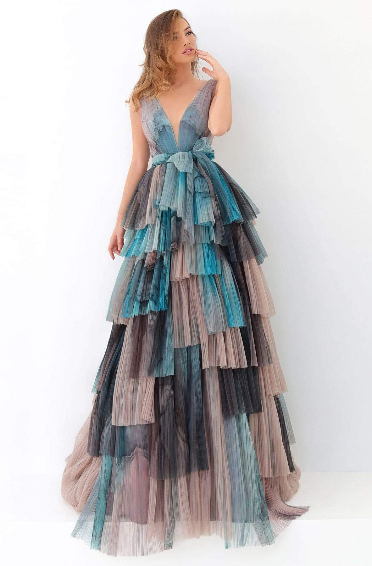 Tarik Ediz - 93896 Deep V-neck Layered A-line Dress Evening Dresses 0 / Blue Degrade