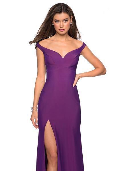 La Femme - 27587 Off Shoulder Jersey High Slit Long Gown In Purple