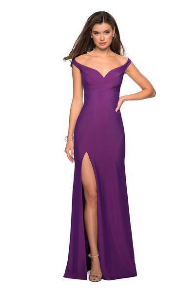 La Femme - 27587 Off Shoulder Jersey High Slit Long Gown In Purple
