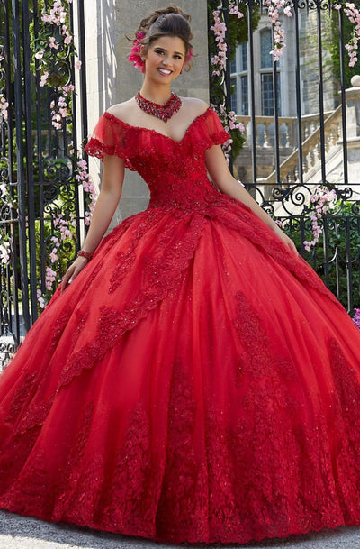 Vizcaya by Mori Lee - 34025 Beaded Lace Off-Shoulder Tulle Ballgown Ball Gowns 0 / Scarlet