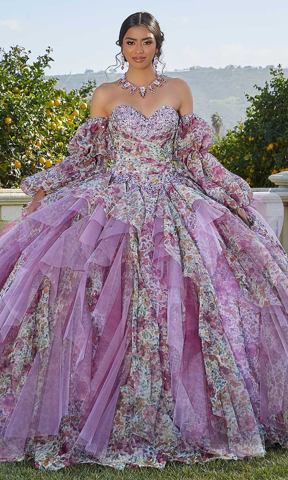 Vizcaya by Mori Lee 89423 - Long Crystal Beaded, Embroidered Lace Appliques On A Printed Tulle Ball Gown With Detachable Pouf Sleeves Matching Stole Ballgown Dress - Detachable Long Pouf Sleeves, Strapless, Vizcaya by Mori Lee 89423 - Long Crystal Beaded, Embroidered Lace Appliques On A Printed Tulle Ball Gown With Detachable Pouf Sleeves Matching Stole Ballgown Dress - Detachable Long Pouf Sleeves, Strapless,