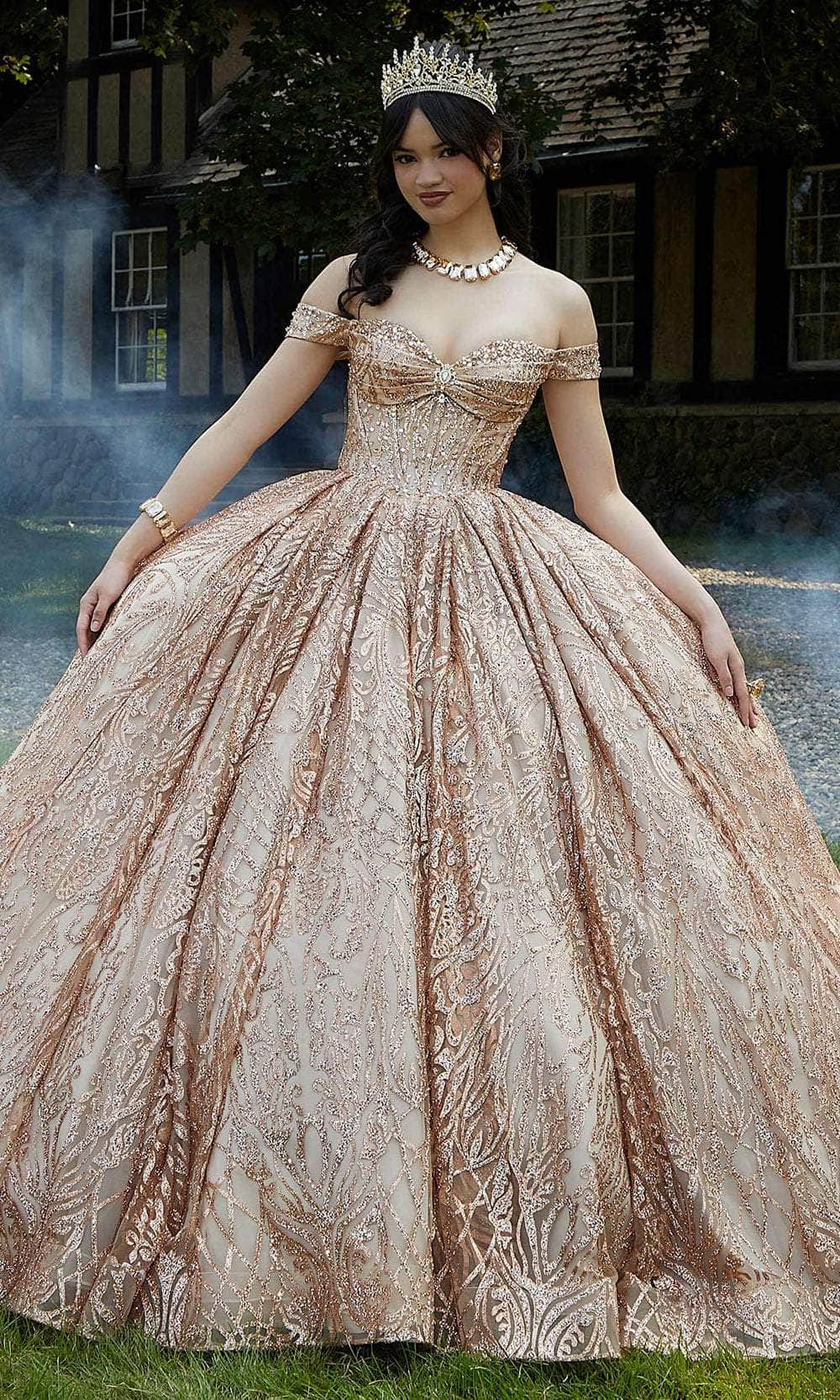 morilee rose gold quinceanera dresses Mori Lee 89357 Detachable Cape Off The Shoulder Quinceanera Gown