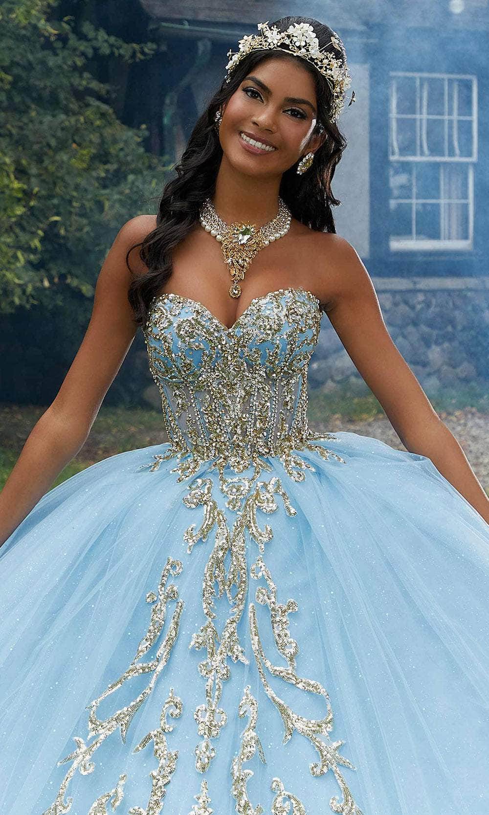 Vizcaya by Mori Lee 89458 - Sweetheart Rhinestone Embellished Ballgown Ball Gown 00 /  Bahama Blue / Gold