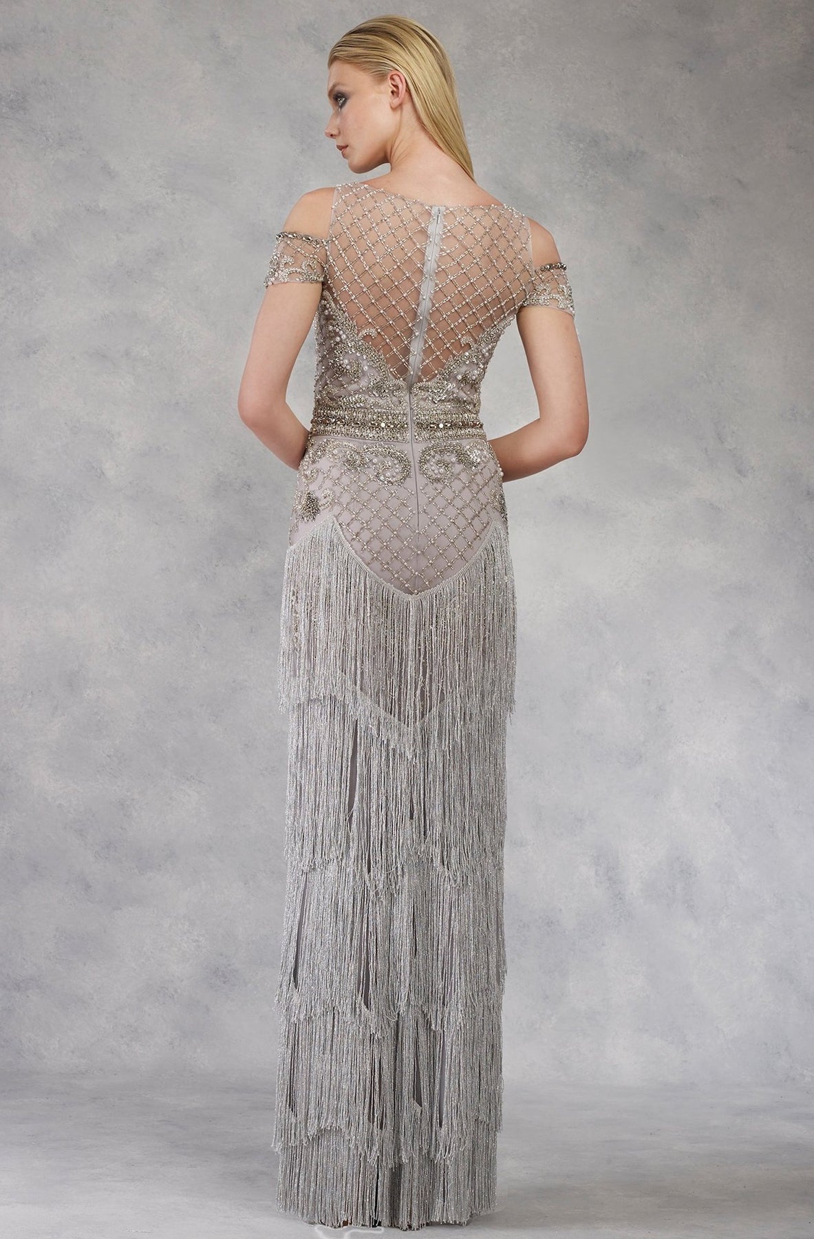 Janique - Lattice Beaded Illusion Bateau Fringe Gown W1683 In Silver and Gray