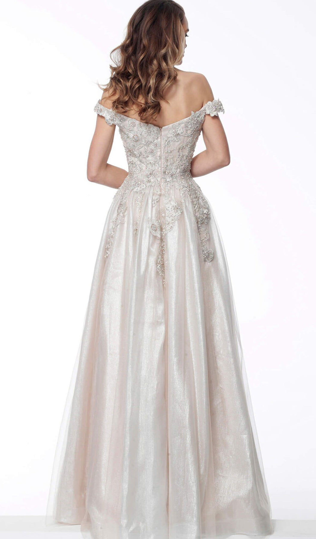 Jovani - 60698 Embroidered Plunging Off-Shoulder Ballgown In Neutral