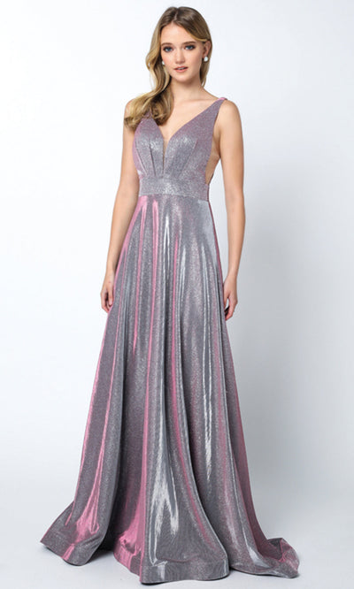 Juliet Dresses 208 - Glitter Crepe Plunging V-Neck Gown Formal Gowns