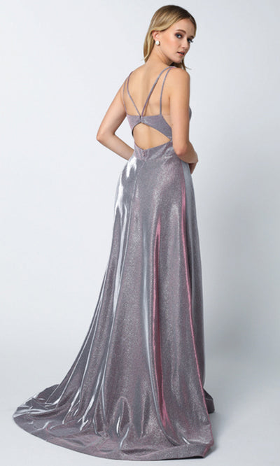 Juliet Dresses 208 - Glitter Crepe Plunging V-Neck Gown Formal Gowns