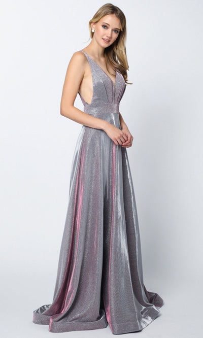 Juliet Dresses 208 - Glitter Crepe Plunging V-Neck Gown Formal Gowns