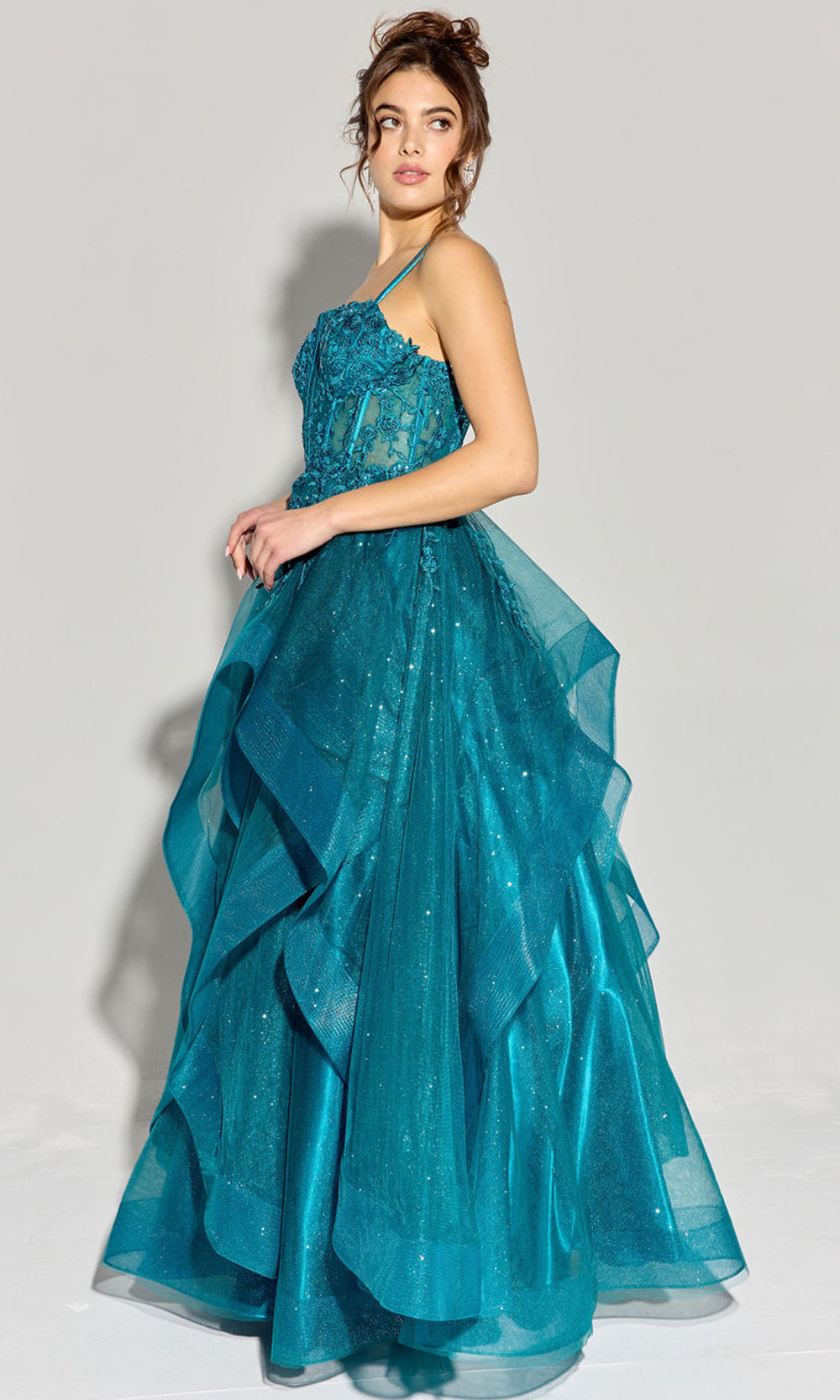 Eureka Fashion EK157 - Floral Applique Sleeveless Layered Gown Ball Gowns in Teal  