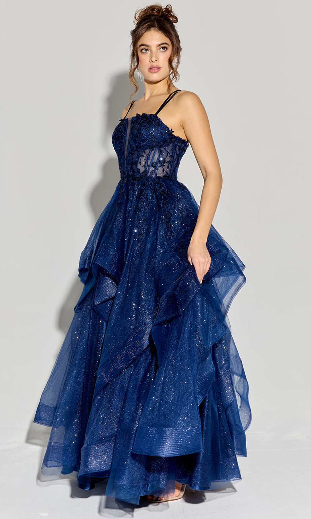 Eureka Fashion EK157 - Floral Applique Sleeveless Layered Gown Ball Gowns in Navy  