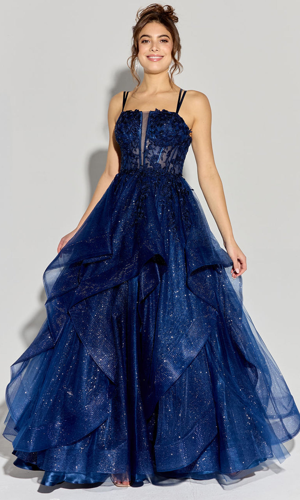 Eureka Fashion EK157 - Floral Applique Sleeveless Layered Gown Ball Gowns in Navy  