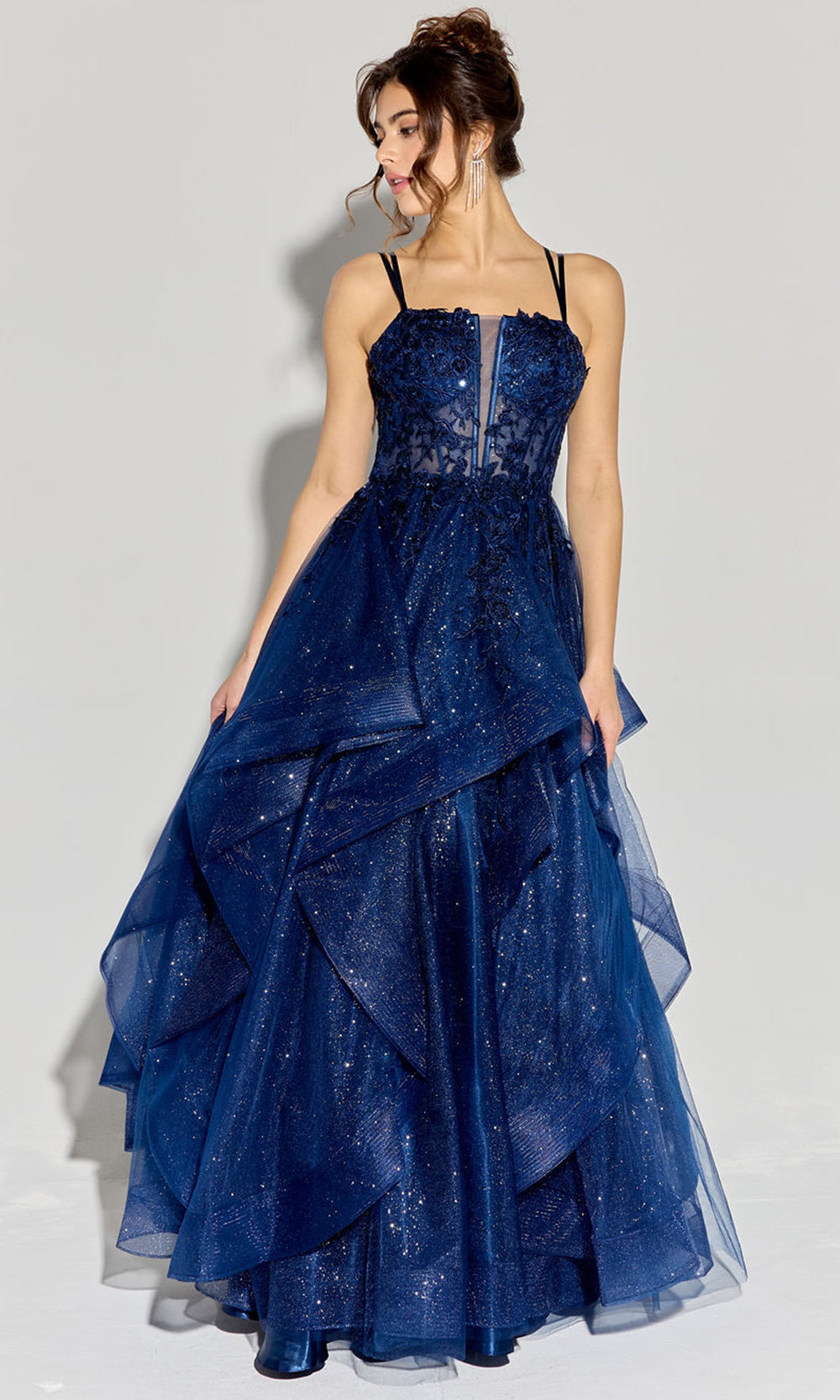 Eureka Fashion EK157 - Floral Applique Sleeveless Layered Gown Ball Gowns in Navy  