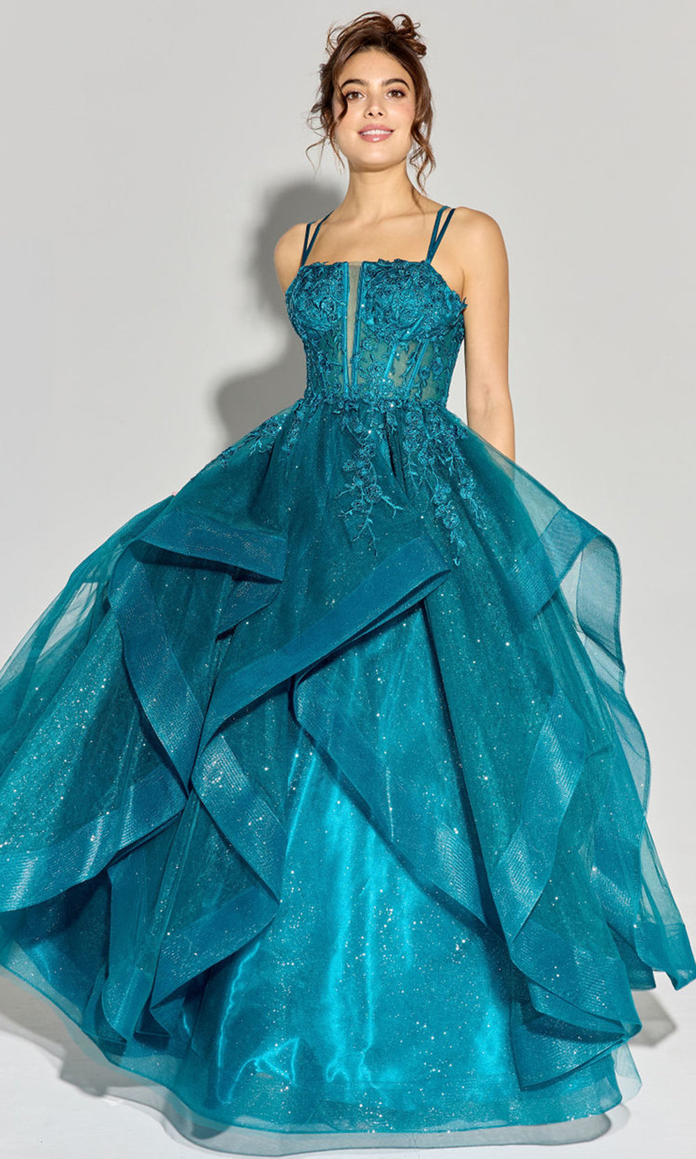 Eureka Fashion EK157 - Floral Applique Sleeveless Layered Gown Ball Gowns in Teal  