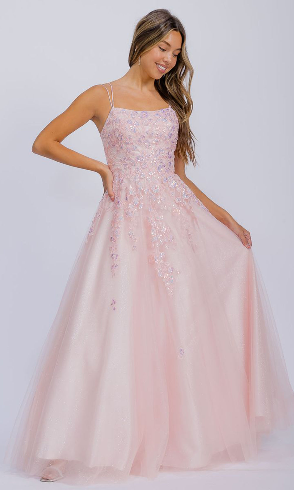 Eureka Fashion EK197 - Lace Applique A-Line Prom Gown with Double Straps Prom Dresses in Pink  