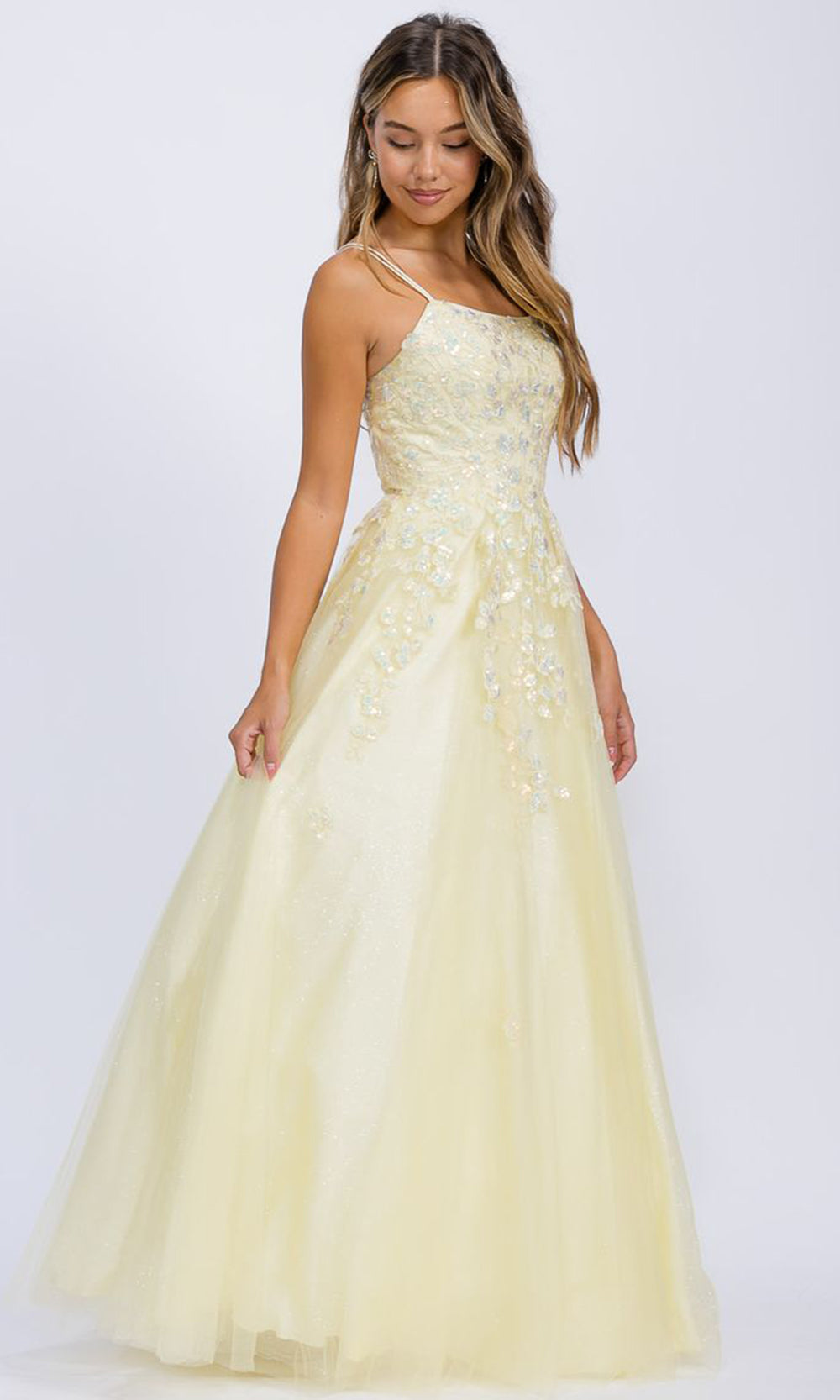 Eureka Fashion EK197 - Lace Applique A-Line Prom Gown with Double Straps Prom Dresses in Yellow  