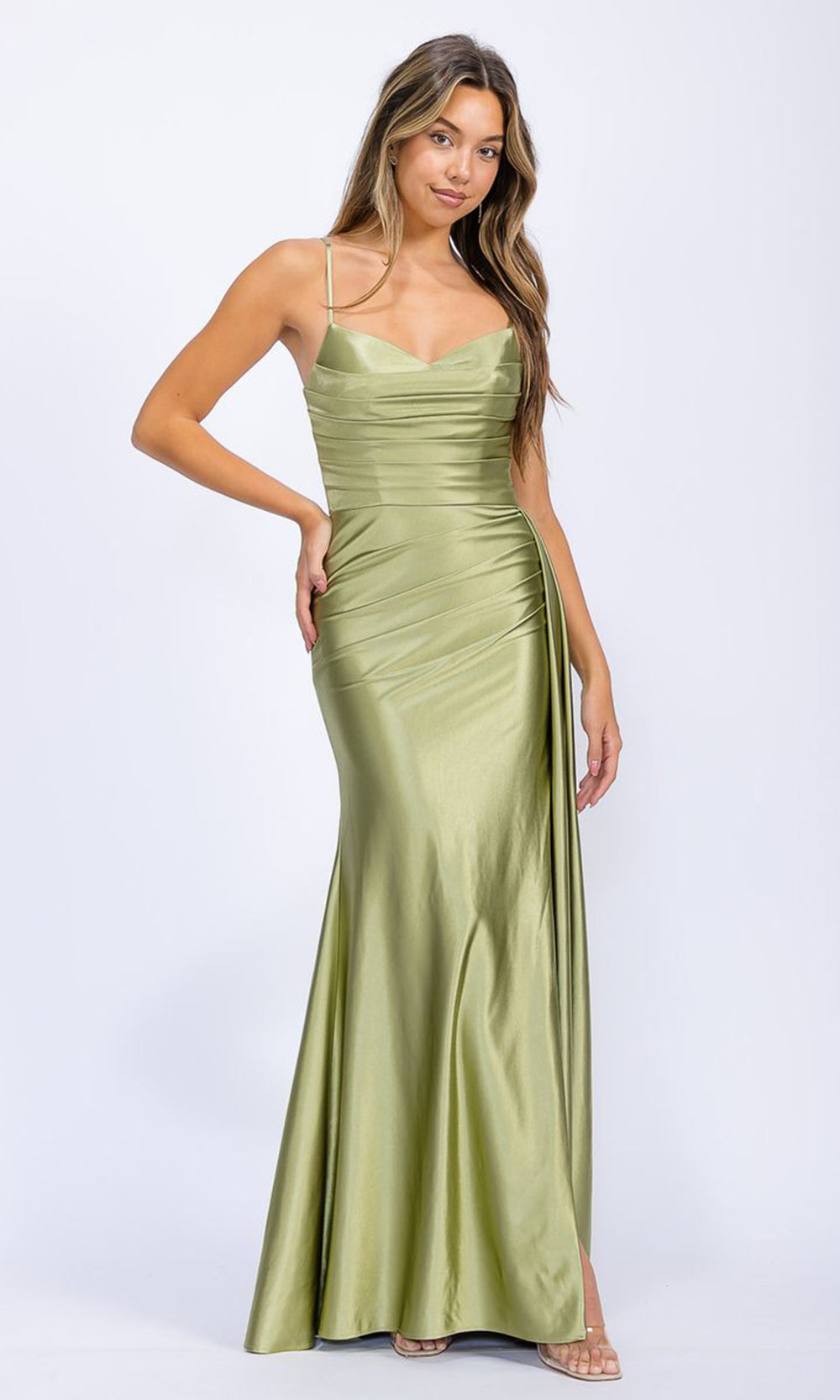 Eureka Fashion EK199 - Sheath Skirt Ruched Prom Gown with Side Sash Prom Dresses in Matcha  