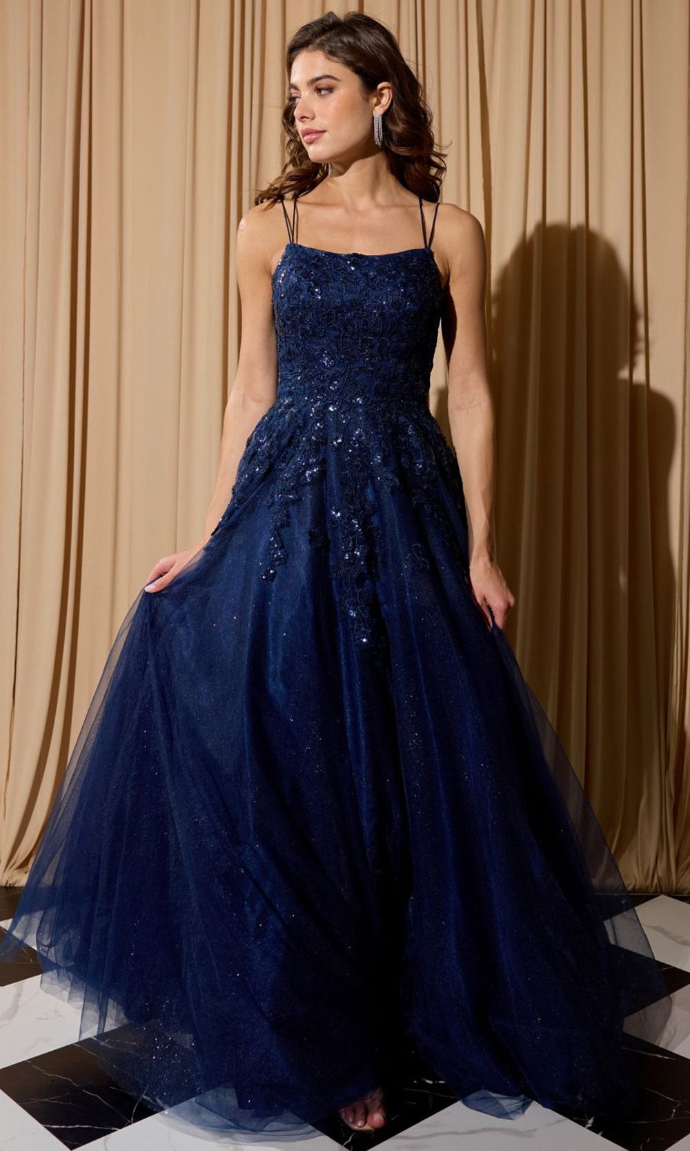 Eureka Fashion EK197 - Lace Applique A-Line Prom Gown with Double Straps Prom Dresses in Navy  