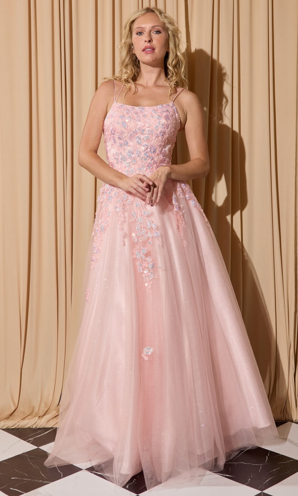 Eureka Fashion EK197 - Lace Applique A-Line Prom Gown with Double Straps Prom Dresses in Pink  