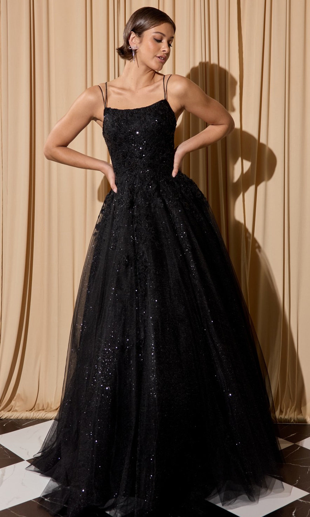 Eureka Fashion EK197 - Lace Applique A-Line Prom Gown with Double Straps Prom Dresses in Black  