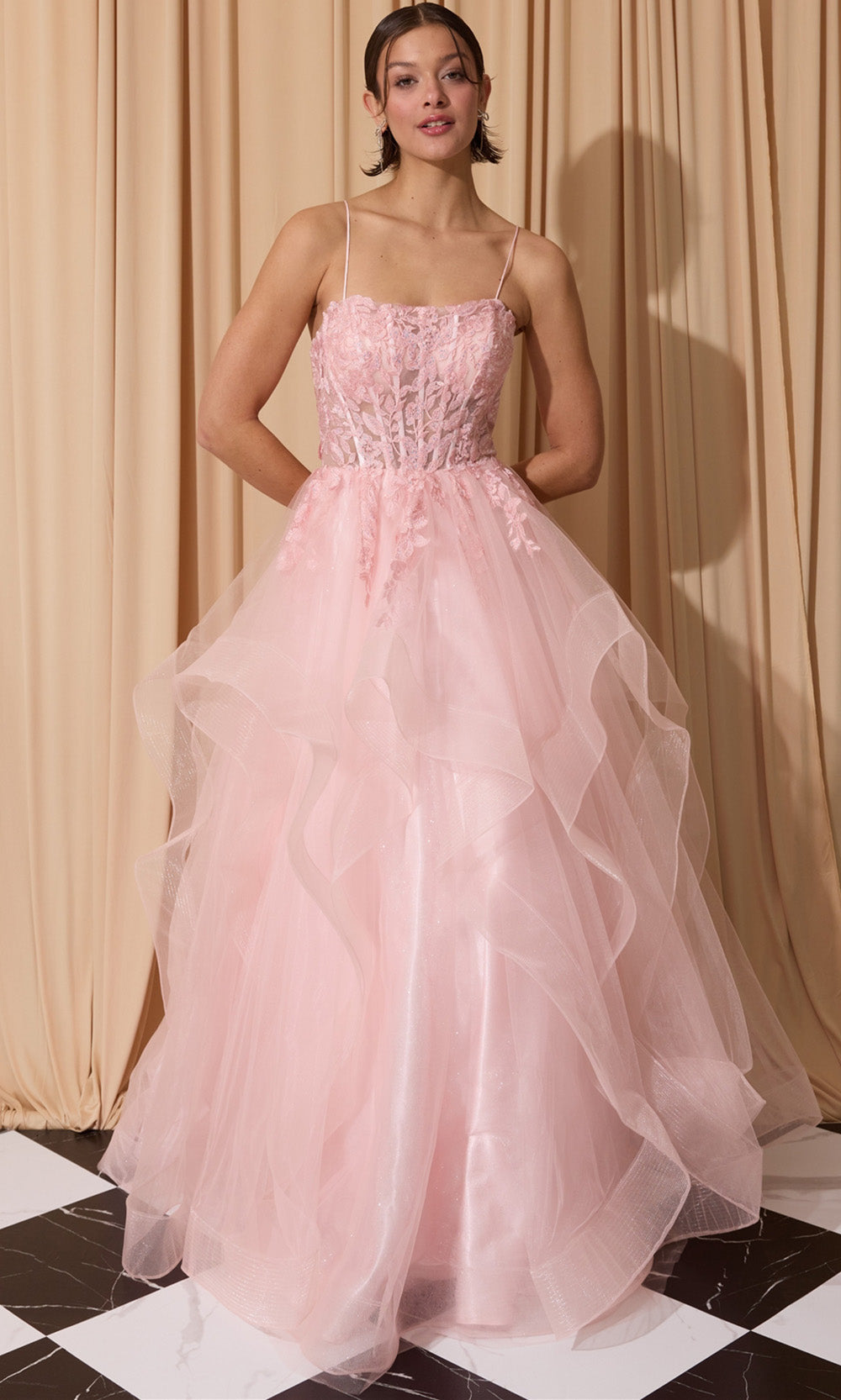 Eureka Fashion EK167 - Ruffle Skirt Sleeveless Embroidered Gown Ball Gowns in Pink  