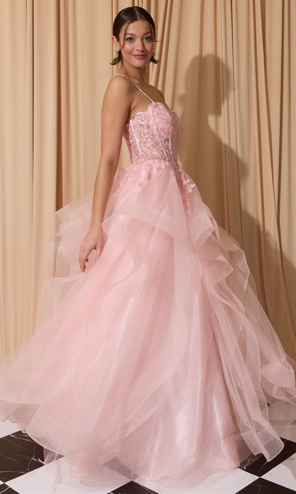 Eureka Fashion EK167 - Ruffle Skirt Sleeveless Embroidered Gown Ball Gowns in Pink  