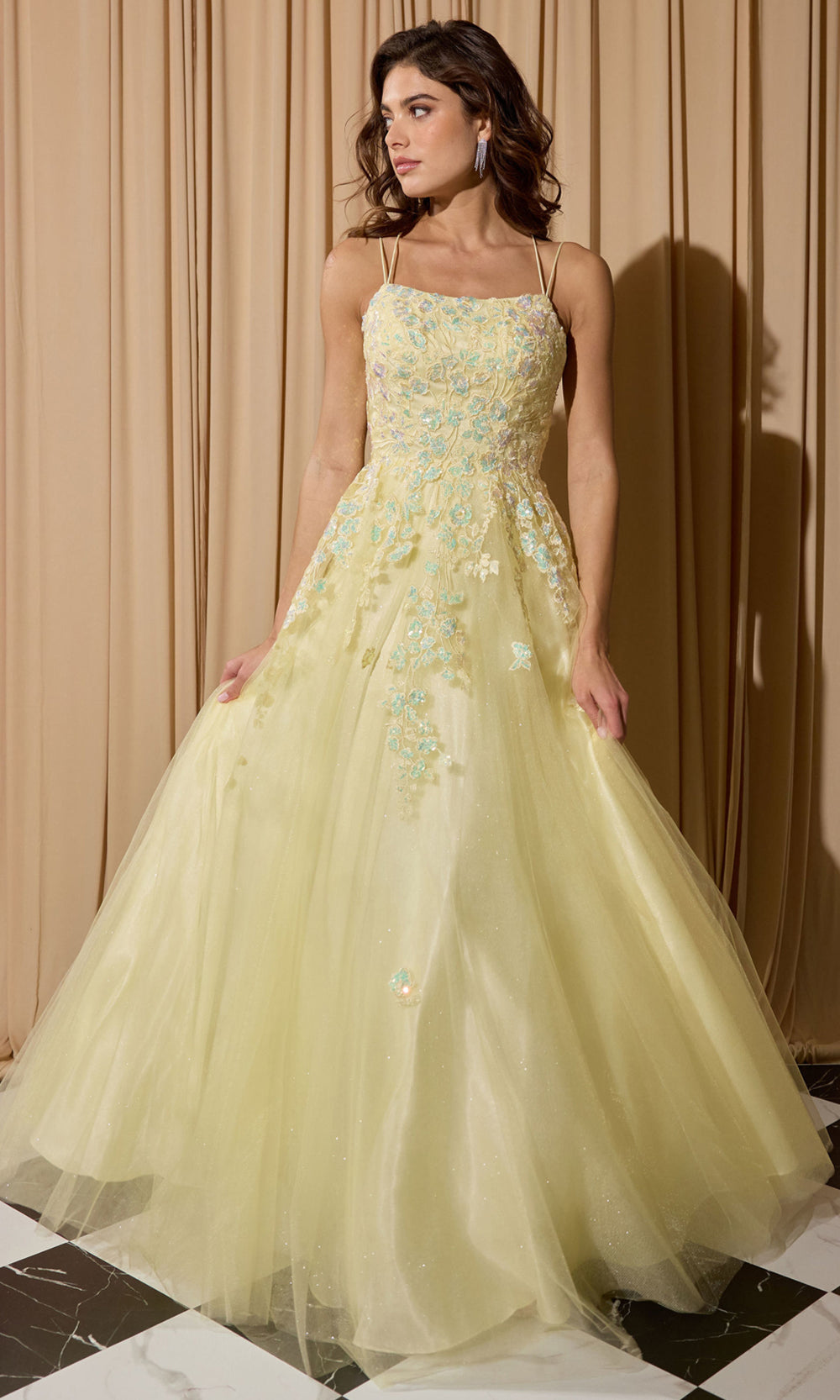 Eureka Fashion EK197 - Lace Applique A-Line Prom Gown with Double Straps Prom Dresses in Yellow  
