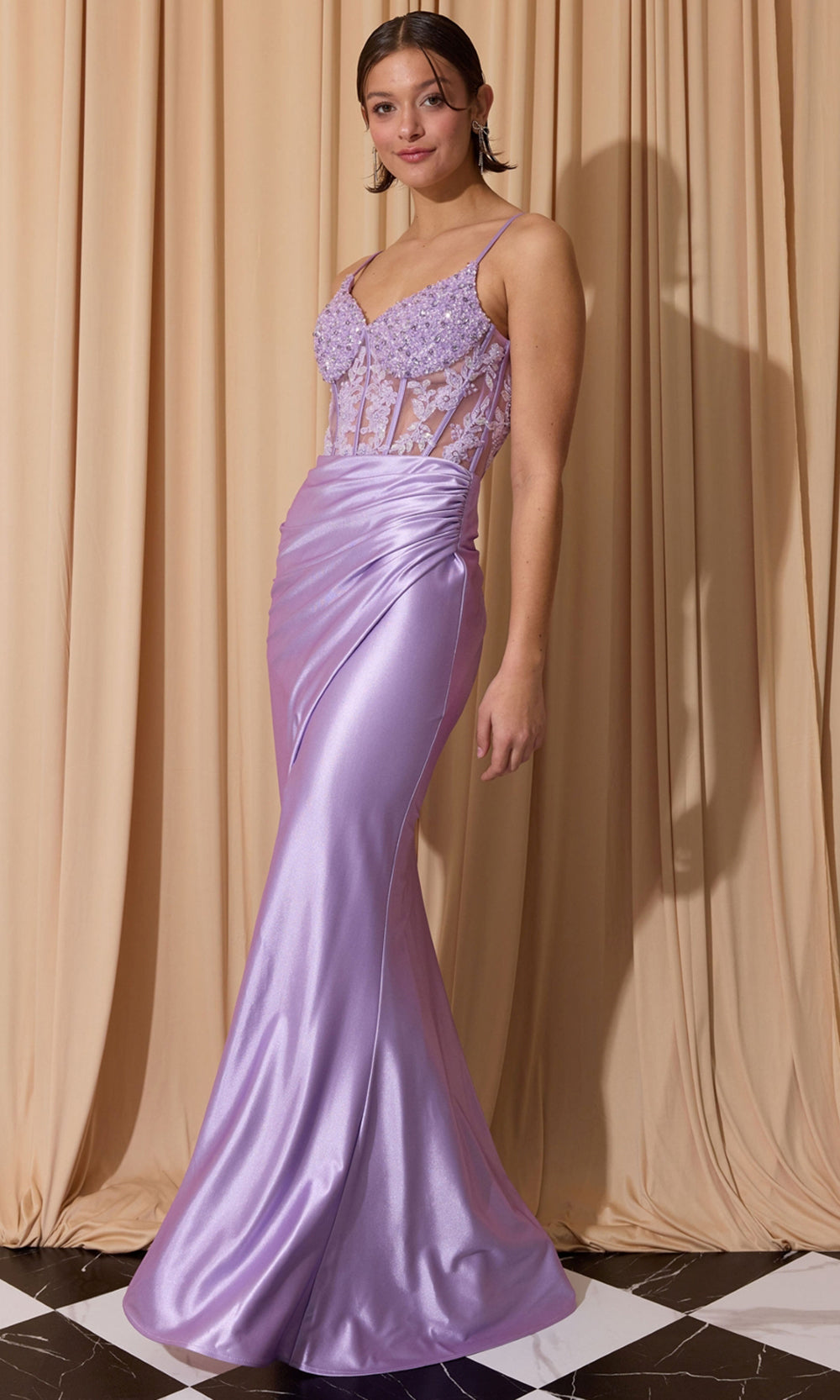 Eureka Fashion EK203 - Beaded Lace Spaghetti Strap Satin Gown Prom Dresses in Lilac  