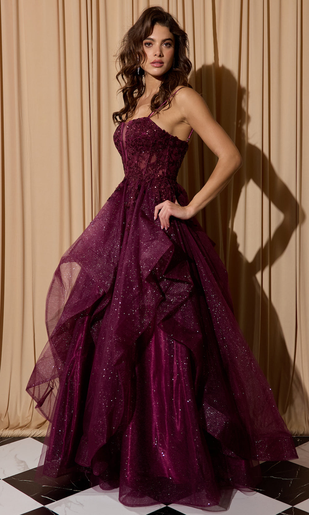 Eureka Fashion EK157 - Floral Applique Sleeveless Layered Gown Ball Gowns in Berry  